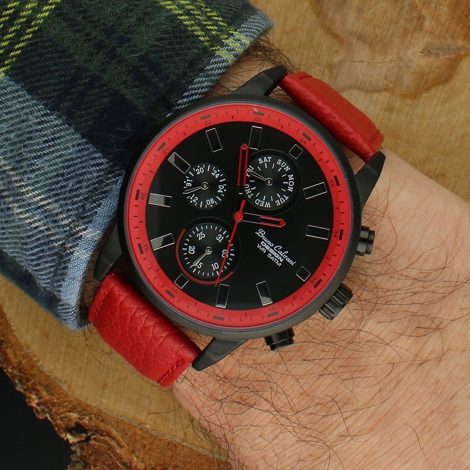 Bruno Calvani BC1377 RED – męski zegarek kwarcowy, czerwony pasek, czarna tarcza red...jpg